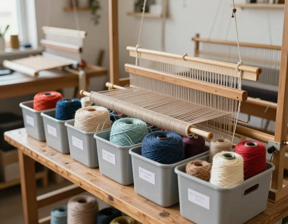 Espacio de taller artesanal con telares y materiales de tejido organizados